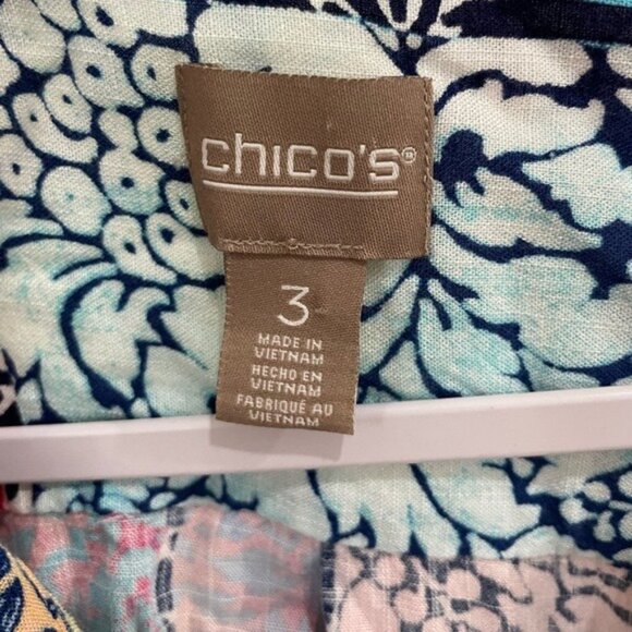 Chico’s Colorful Patchwork Blouse Boho Casual Coastal Button Up Short Sleeve - Picture 3 of 6